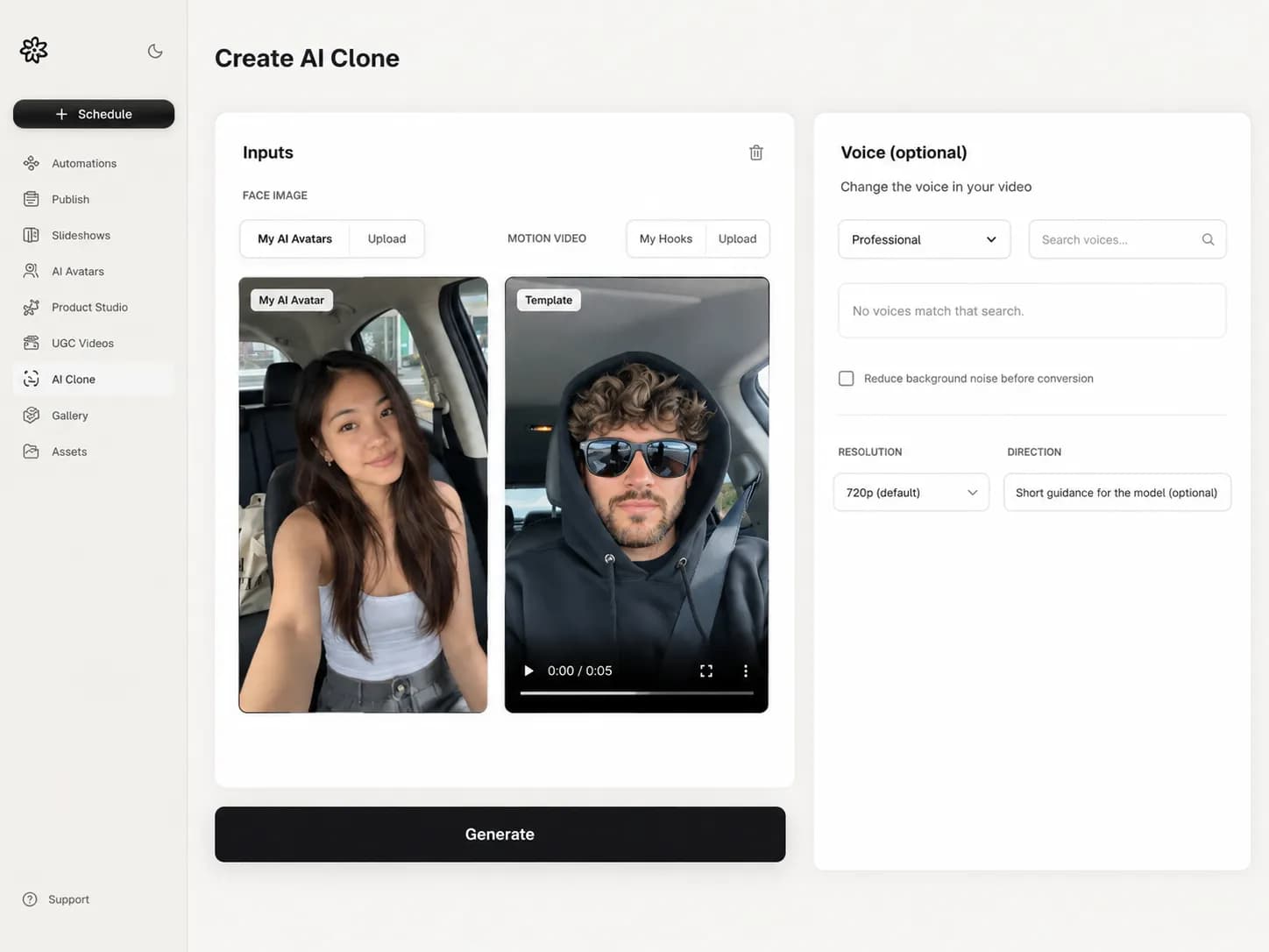 Reels Farm AI clone workflow pairing a face image with a motion video.